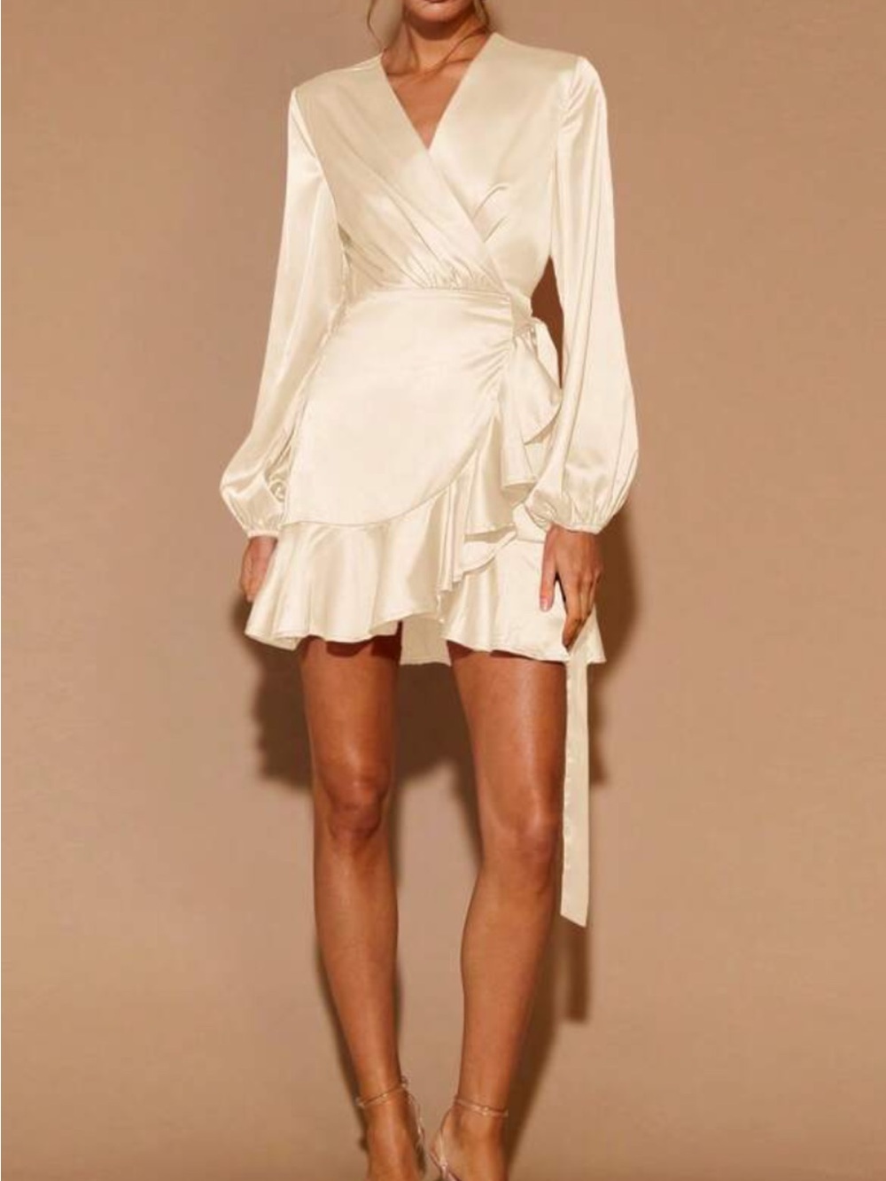 Zimmermann Cream Satin Wrap Mini Dress with Ruffle Hem
